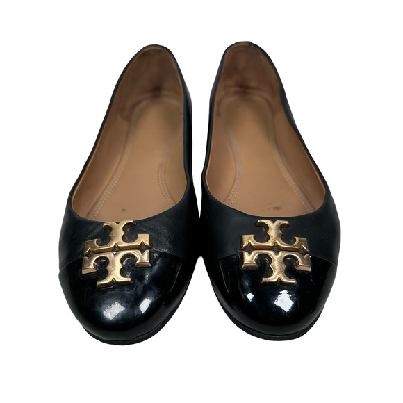 Tory Burch Everly Ballet Flats Women’s 7.5 Black Leather Gold Logo Slip-On Shoes - Picture 2 of 10